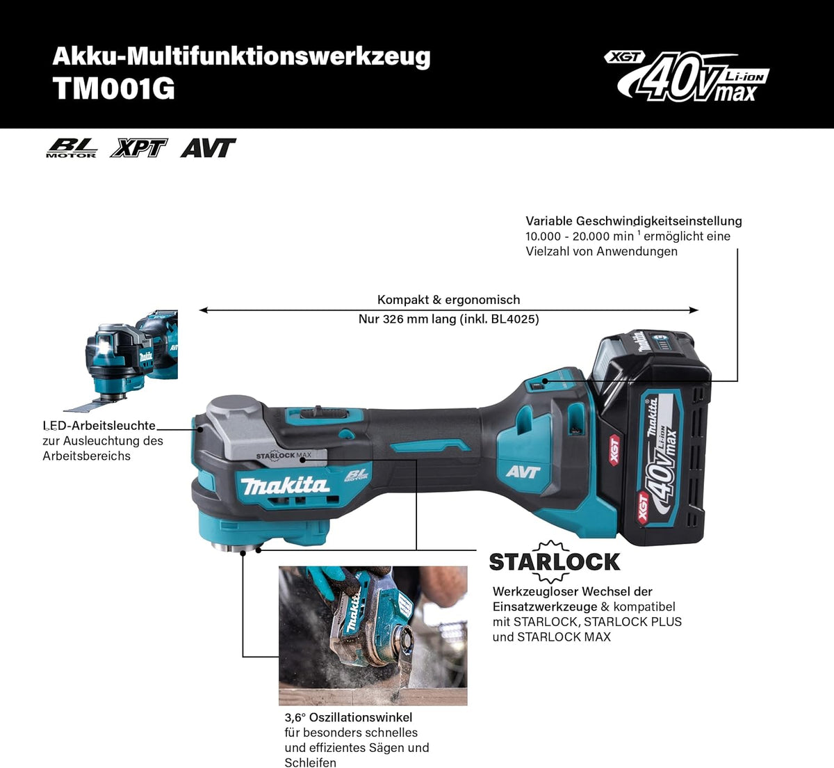 TM001GZ Outil multifonction sans fil brushless, sans batterie, sans chargeur 40 V Nombre d’accus fournis 0