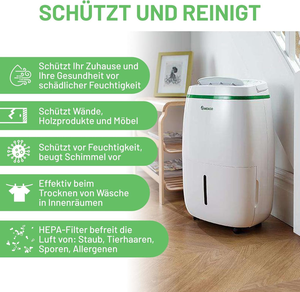 Meaco 20L Déshumidificateur Platinum basse consommation d'énergie, air purificateur avec filtre HEPA,permet d'éviter les problèmes de condensation, moisissure, fonction séchage de linge