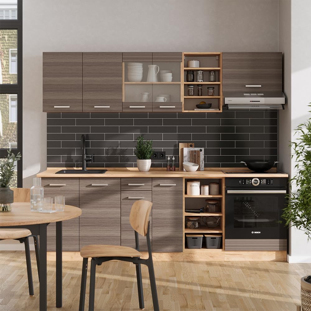Vicco Cuisine R-Line, Gris Noble/chêne doré, 240cm, PT Anthracite