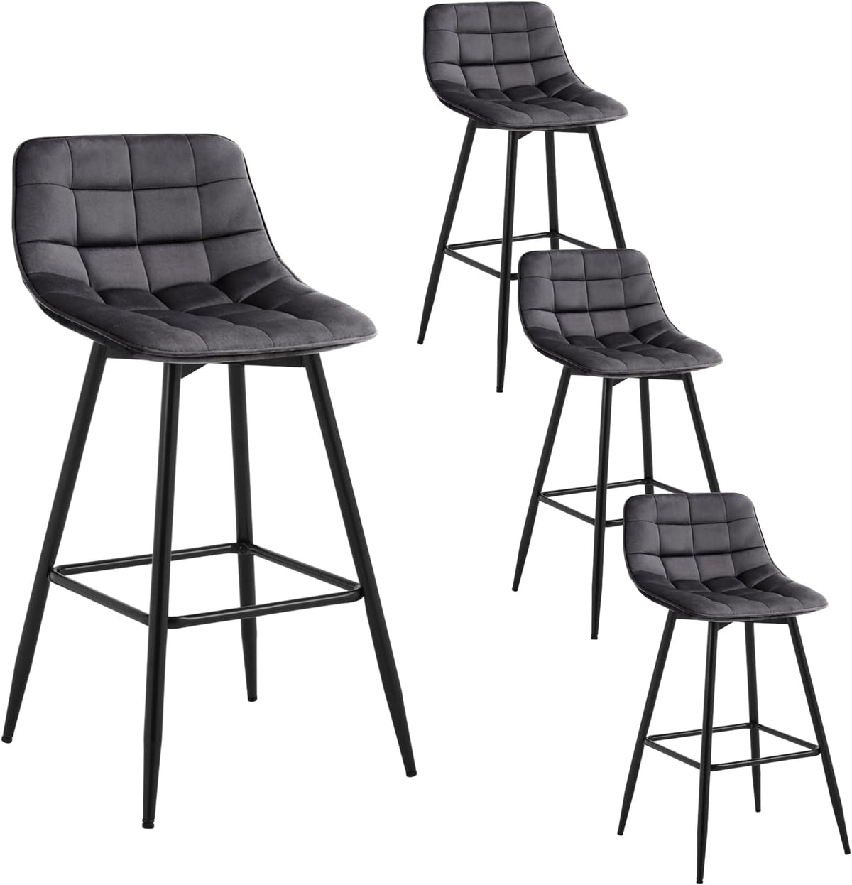 WOLTU 4 X Tabouret de Bar Bistro Chaise de Bar Assise rembourrée en Velours avec Pieds et Repose-Pieds en métal,Gris Foncé BH143dgr-4