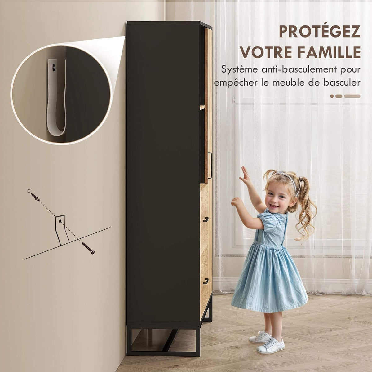 HOMCOM Buffet haut cuisine, armoire de cuisine, vaisselier, 2 tiroirs, placard à porte, 2 niches ouvertes, étagères réglables, meuble de rangement moderne, pieds en acier, 88x35x160cm, noir et naturel