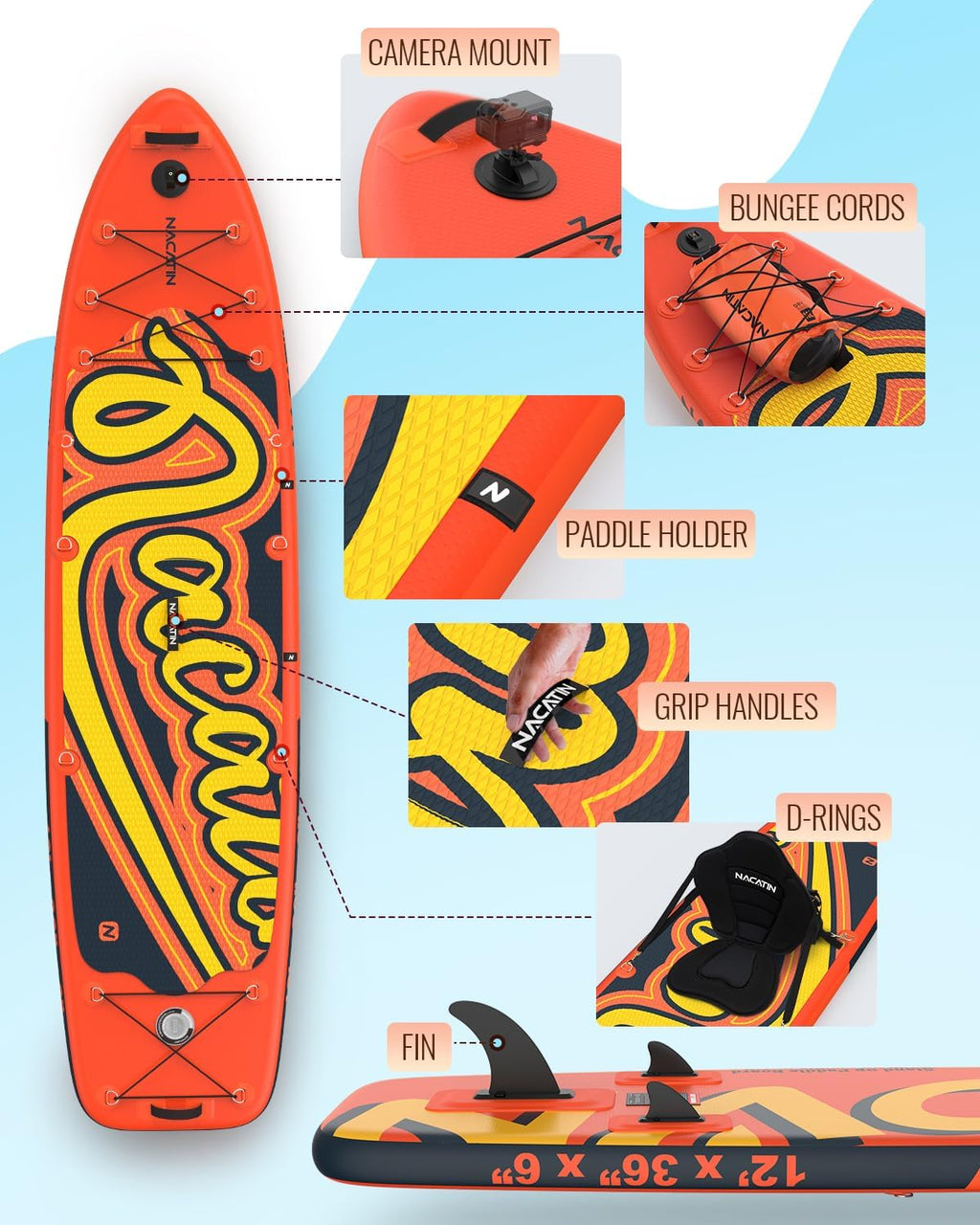 Planche de paddle familiale gonflable de 30,5 cm avec kit de conversion en kayak, kit complet de paddle pour adultes, avec pagaie simple/double, siège de kayak et autres accessoires