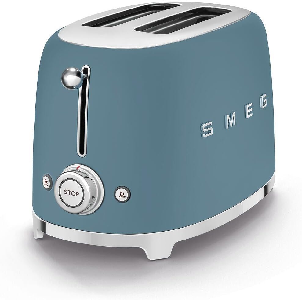 Smeg, Grille-pain 2 Tranches TSF01SBMEU, 2 Fentes 36 mm, 6 Niveaux de Brunissage, Fonction Chauffage, Décongélation et Bagel, Éjection Automatique du Pain, Ramasse Miettes, 950 W, Storm Blue