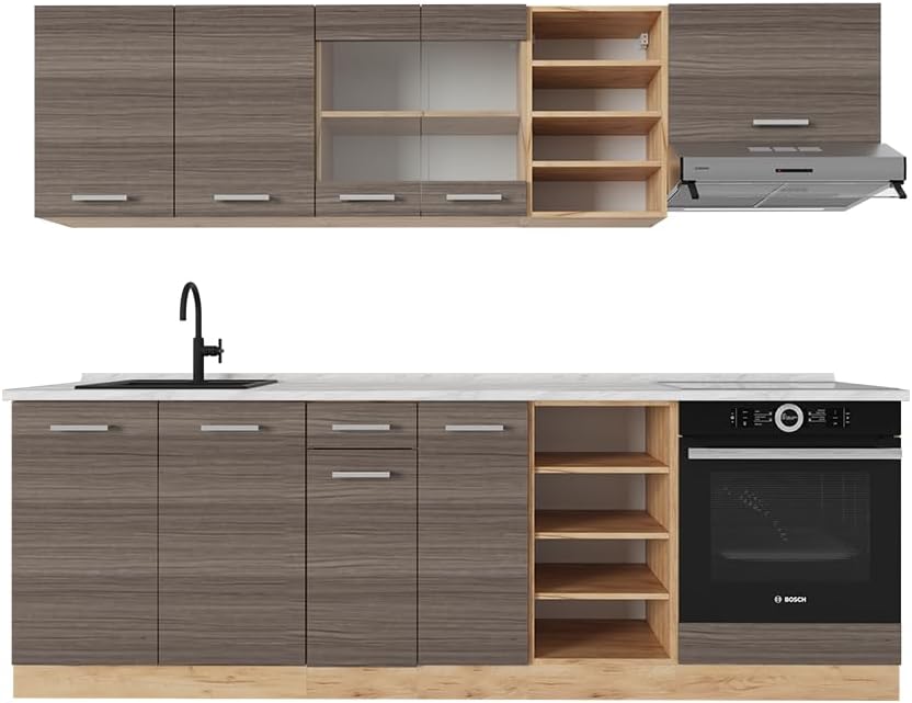 Vicco Cuisine R-Line, Gris Noble/chêne doré, 240cm, PT Marbre