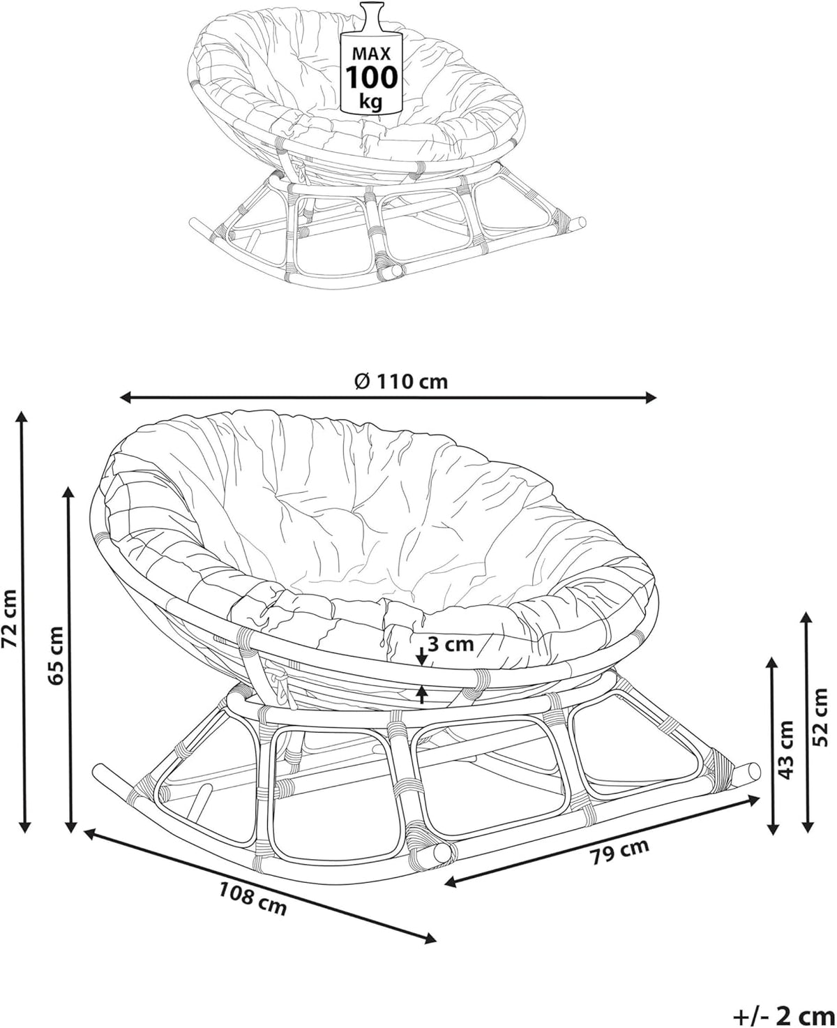 Beliani Fauteuil à Bascule Rond en Rotin Ton Naturel et Beige Clair Empilable Orvieto