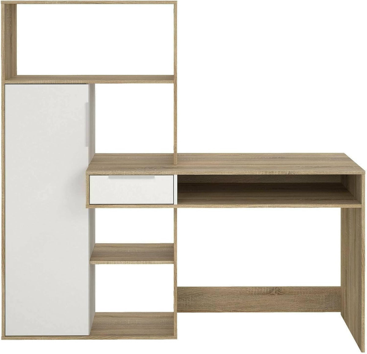 Dmora - Bureau multifonction avec bibliothèque, tiroir et porte, coloris blanc et chêne, 162 x 155 x 60 cm