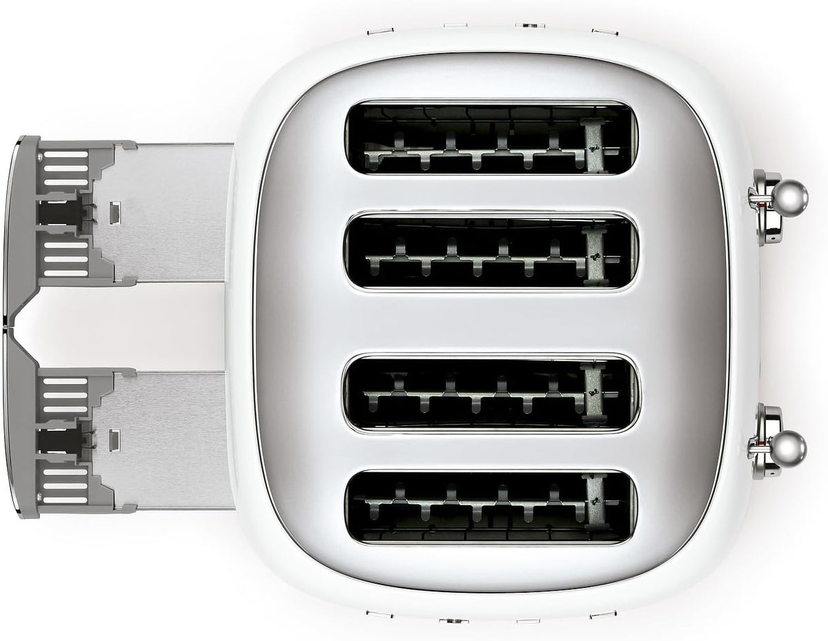 Smeg, Grille-pain 4 Tranches TSF03WHEU, 4 Fentes 36 mm, 6 Niveaux de Brunissage, Fonction Chauffage, Décongélation et Bagel, Éjection Automatique du Pain, 2 Ramasse Miettes, 2000 W, Blanc