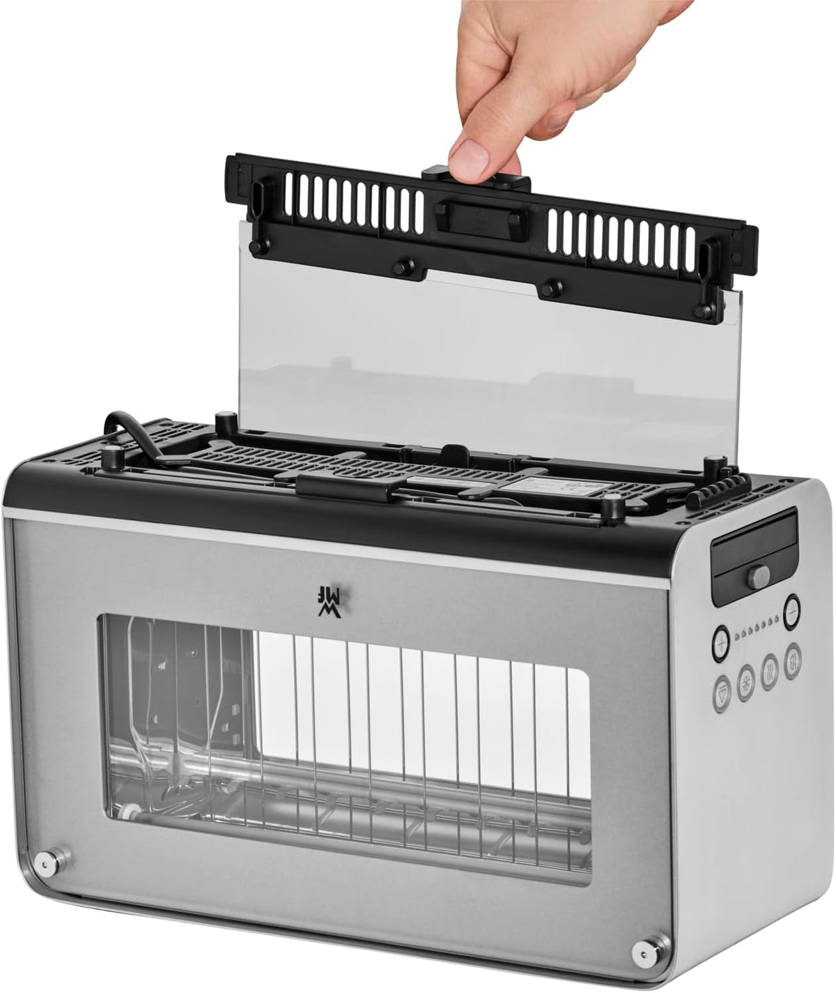 WMF Lono Grille-pain vitré avec grille réchauffe-viennoiseries, 2 tranches, XXL, support motorisé, fonction réchauffage, 7 niveaux de brunissage, grille-pain en acier inoxydable mat
