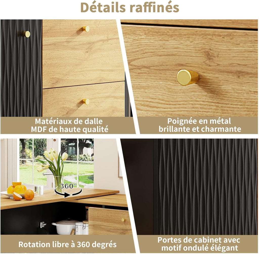 KOMHTOM Table de Bar Extensible avec Espace de Rangement(138-204 x 39 x 104 cm), Table à Manger Pivotante à 360°, 3 Tiroirs et étagères latérales