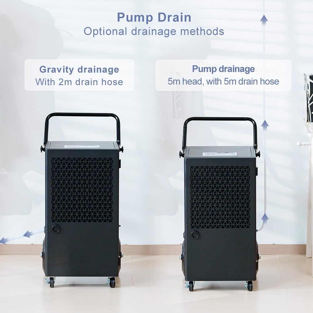 Déshumidificateur d'Air Industriel 90L/jour : Grande Capacité Couvre 300m² - Pompe de Relevage Électrique avec Compresseur Rotatif - Pour Caves/Garages/Entrepôts/Salles de Bain/Buanderies