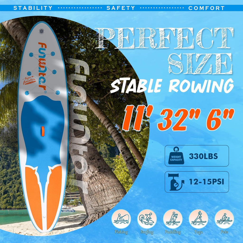 FunWater Planche Gonflable de Stand Up Paddle Accessoires complets Planche de Paddle réglable Pompe Sac à Dos de Voyage Sac étanche pour téléphone Finlandaise Planche de Surf