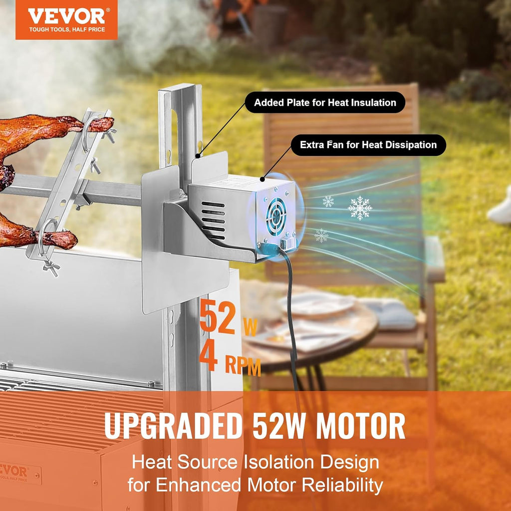 VEVOR Barbecue à Charbon avec Tournebroche Électrique 52 W Charge 90 kg, Rôtissoire Barbecue 118,5 cm, en Inox, avec Pare-Brise et Roues Verrouillables, pour Rôtir Agneau Porcelet Poulet Camping