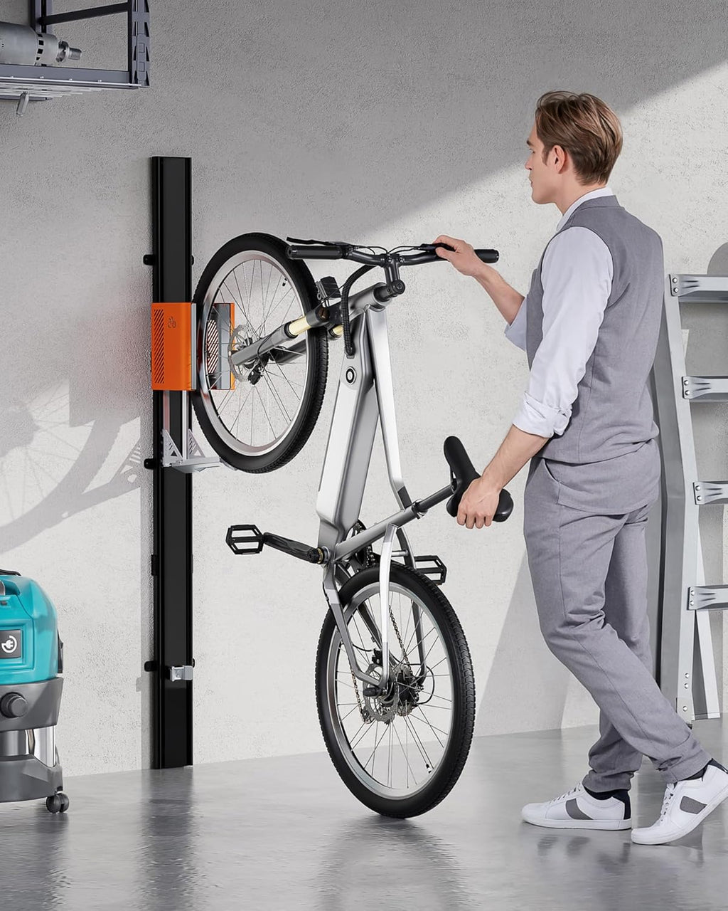 monTEK Porte-vélo automatique – Porte-vélo vertical pour vélos lourds (jusqu’à 32 kg) – Montage simple, support mural peu encombrant pour garage, remise, appartement – Pour pneus 24-29", vélos