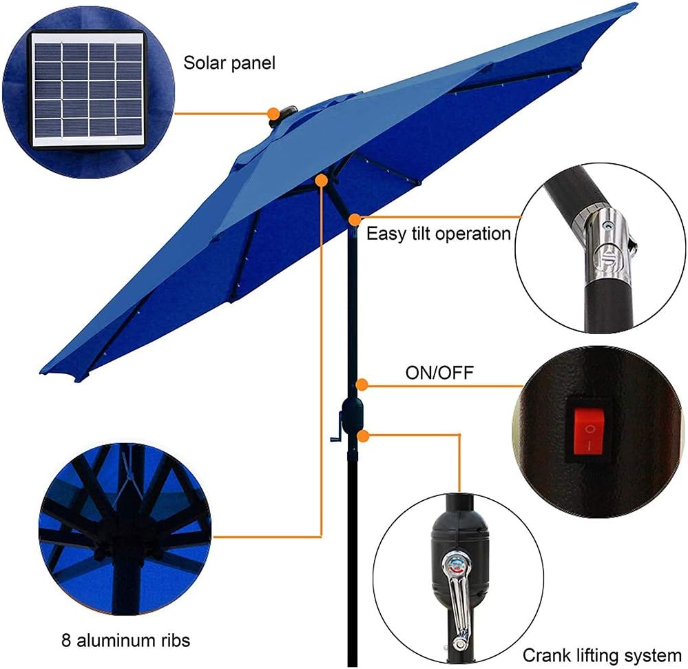 WSHA Parapluie d'extérieur avec lumières LED à énergie Solaire 9 pi. Parapluies de marché déportés avec Inclinaison et manivelle, Bleu