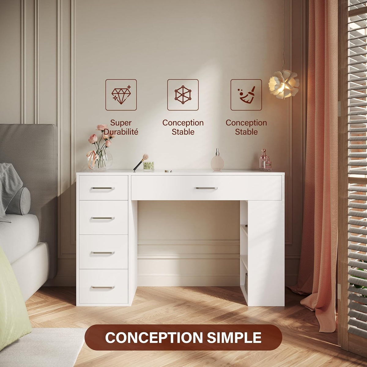 SIRHONA Coiffeuse sans Miroir, Table de Maquillage avec 5 Tiroirs Rangement, Table de Maquillage avec 6 Cloison,Blanc Bureau Coiffeuse, 120x40x77cm