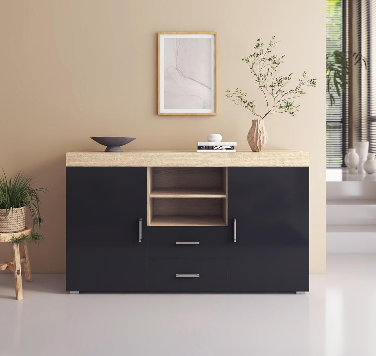 MB Muebles Bonitos, Buffet Roque pour Salon et Salle à Manger Moderne, Meuble TV en Mélamine, Couleur Sonoma Mat et Noir Brillant, 140x80x40 cm