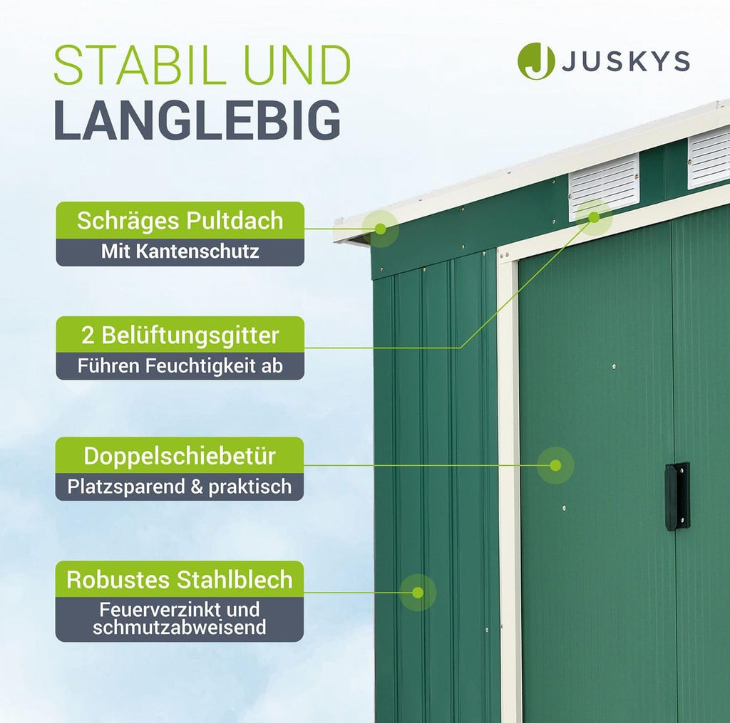 Juskys Abri de Jardin en métal de 4m³ avec Toit en Pente, Porte coulissante et Fondation - 213x130x173cm - Outils de Jardin en Acier (Vert)(M)