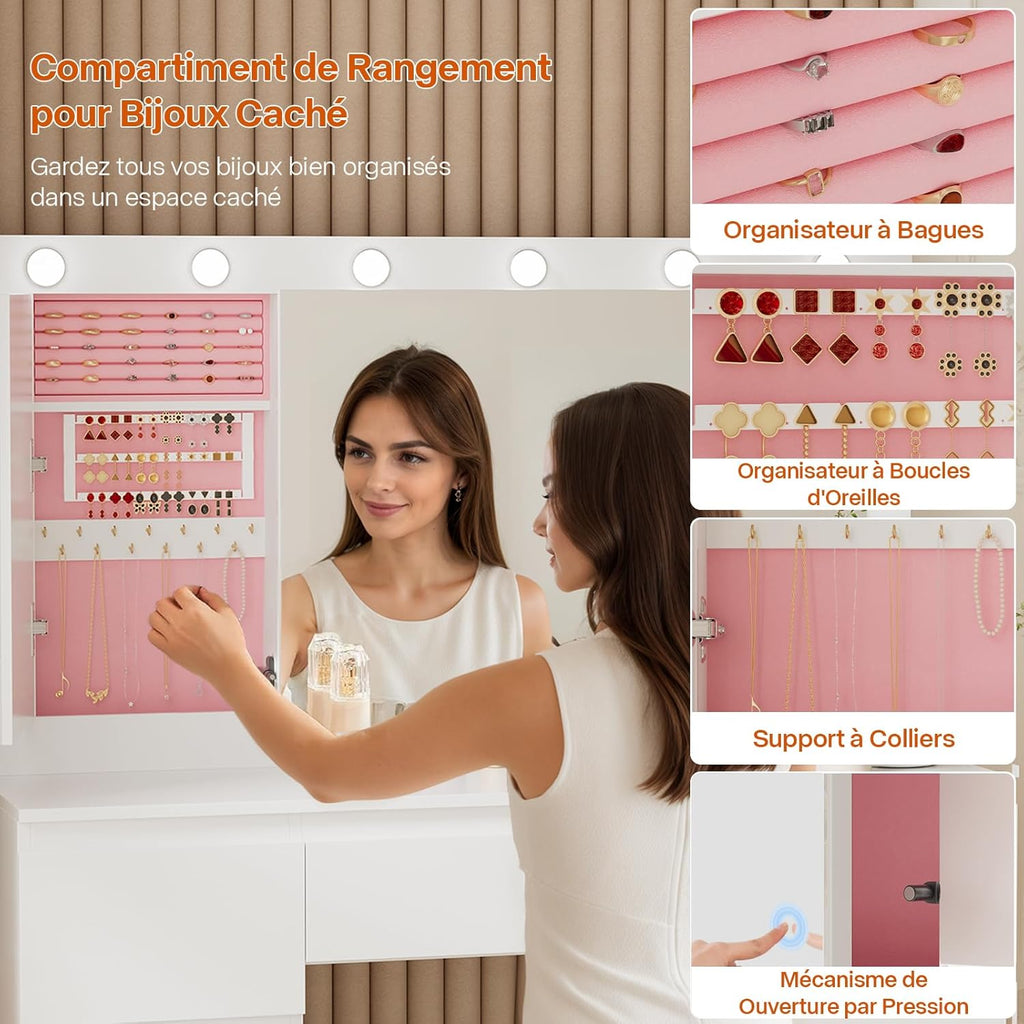 TRIUMPHKEY Coiffeuse avec Grande Miroir et Multiprise, 12 Ampoules LED Réglables, Table de Maquillage avec 7 Tiroirs, Rangement de Bijoux, 120x40x140cm Grande Commode Moderne Blanc