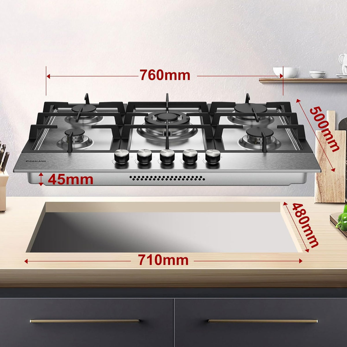GASLAND GH2705SS1FC 76 cm Table de Cuisson à Gaz Encastrable Inox 5 Feux, Fonctionne au GPL ou au Gaz Naturel, Brûleur Wok, 10400 Watts