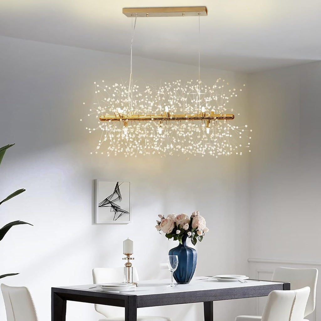 EFPD Luminaire moderne en cristal, acier inoxydable, pissenlit LED, suspension dorée à 9 lumières pour cuisine, salle à manger, chambre à coucher 72cm