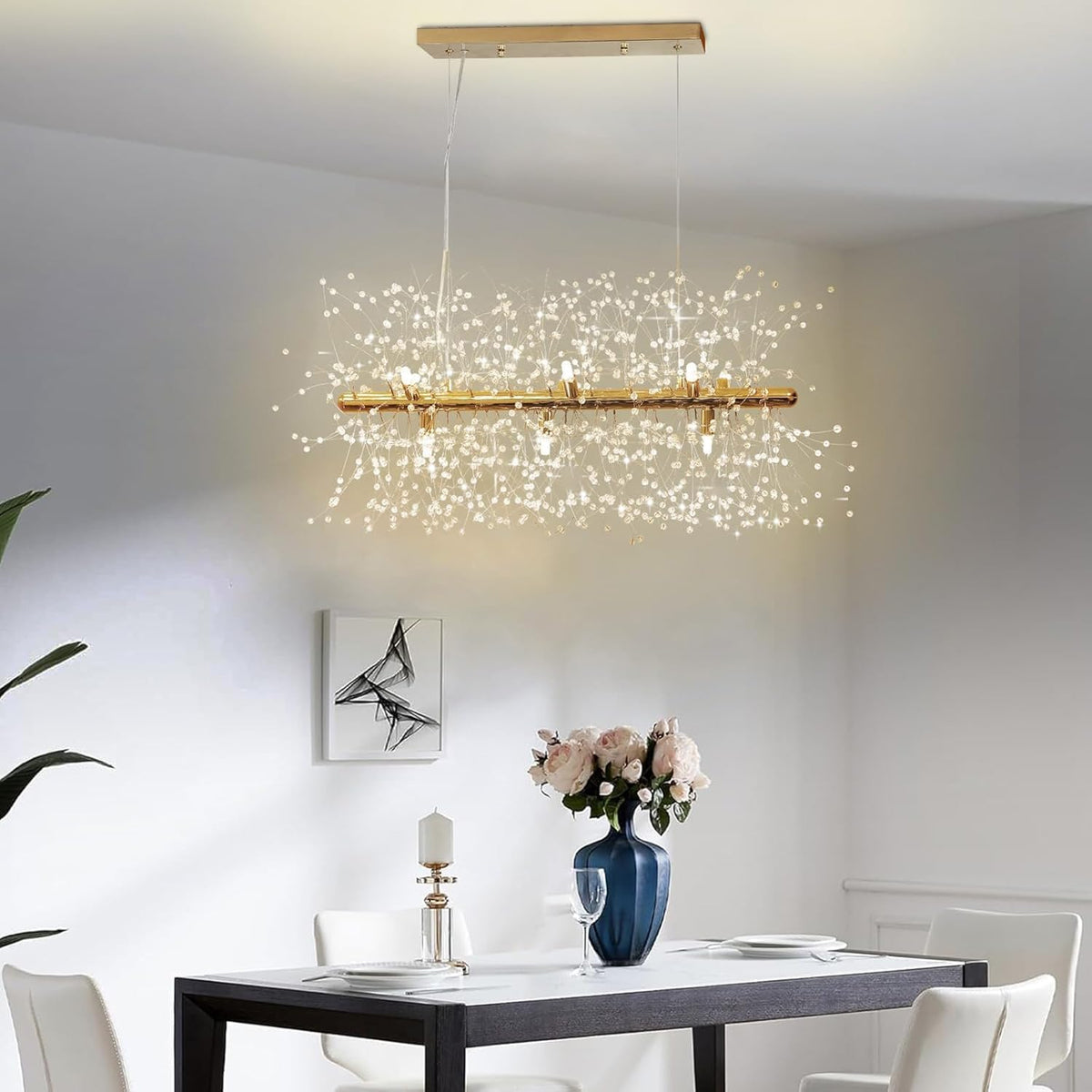 EFPD Luminaire moderne en cristal, acier inoxydable, pissenlit LED, suspension dorée à 9 lumières pour cuisine, salle à manger, chambre à coucher 72cm