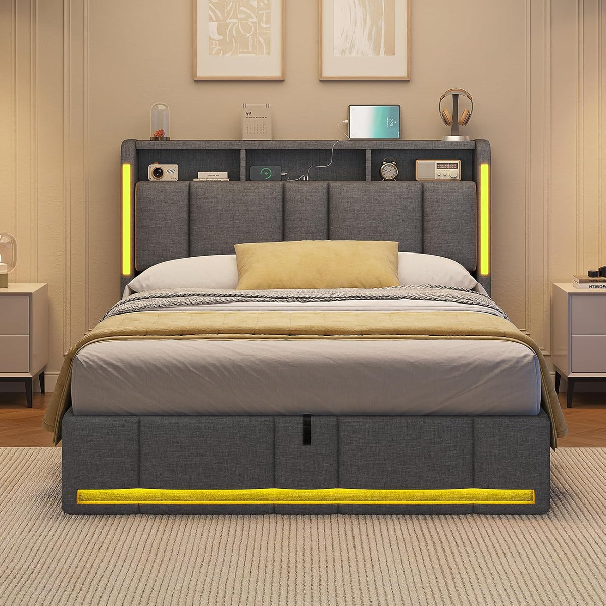 AOGLLATI Lit Coffre 140x190 CM, Lit Double avec LED et Ports USB, Cadre de lit avec Tête de Lit capitonné et Rangement, Lattes en Bois, Lin Gris Foncé sans Matelas