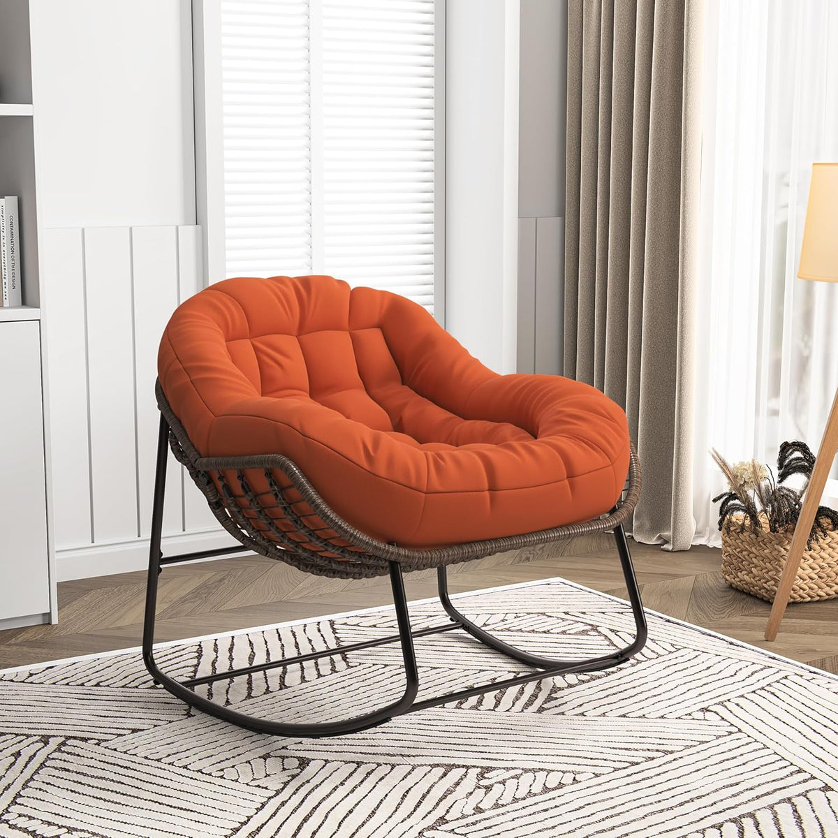 FCSQIU Chaise à bascule en rotin imperméable extérieur,Chaise de loisirs avec coussin épais pour intérieur,Fauteuil à bascule pour jardin,chambre à coucher,salon
