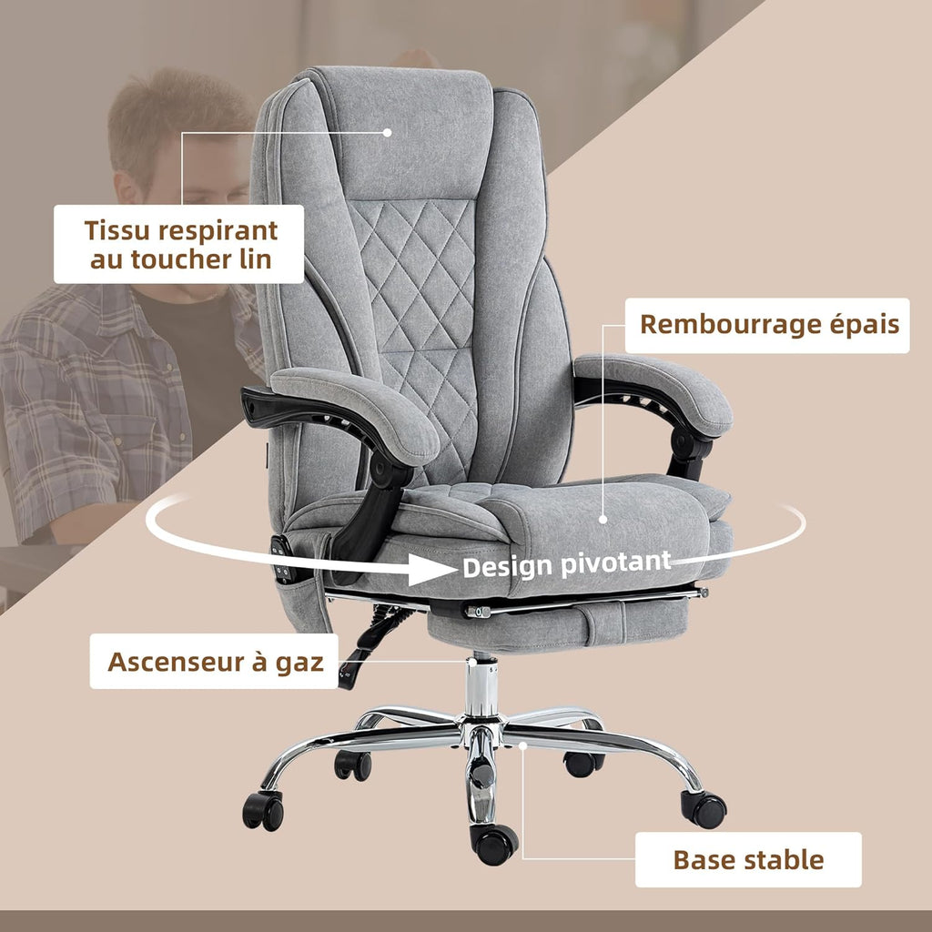 Vinsetto Fauteuil de Bureau massant et Chauffant Chaise de Bureau Chaise Ergonomique avec Hauteur réglable Dossier inclinable télécommande Filaire Repose-Pieds rétractable et pivotant 360° Gris