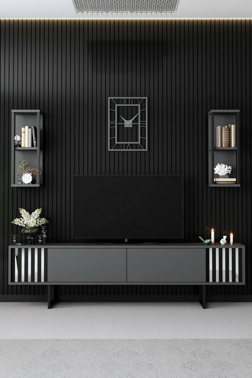 Dmora - Meuble TV Ananke, Buffet de Salon, Armoire Basse pour TV, Base Murale de Rangement, 180x30h48 cm, Anthracite et Noir