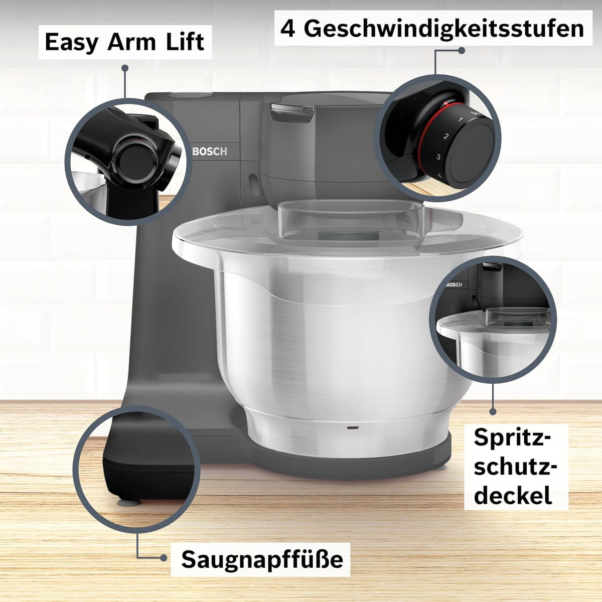 Bosch MUMS2EB01 Robot de cuisine MUM Serie 2, 700 W, bol en acier inoxydable 3,8 L, hachoir et 3 tranches, kit de pâtisserie en acier inoxydable, noir