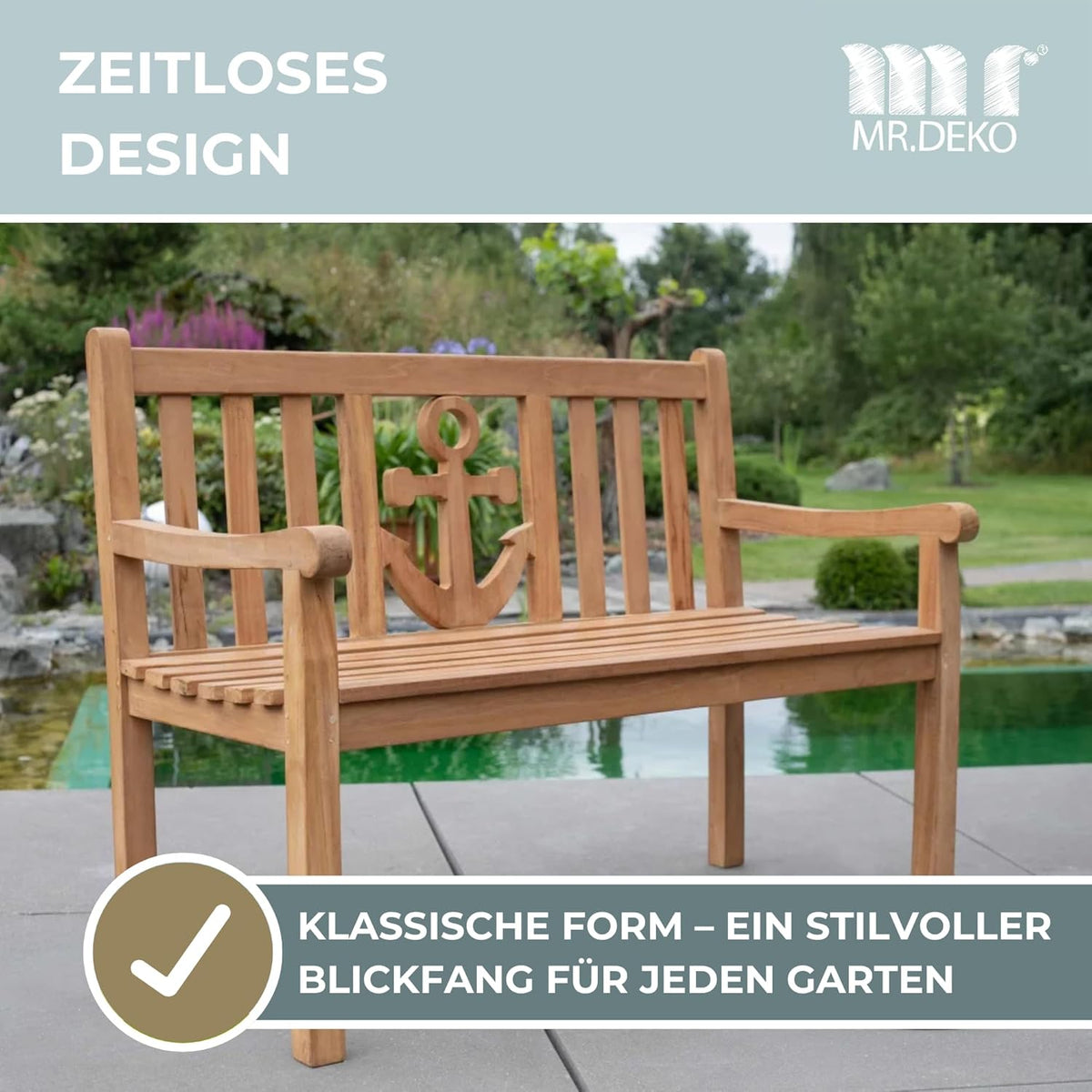 MR. DEKO Banc de Jardin en Teck Massif 2 Places avec Dossier Résistant aux Intempéries pour l'Extérieur, Balcon 120 x 60 x 94 cm
