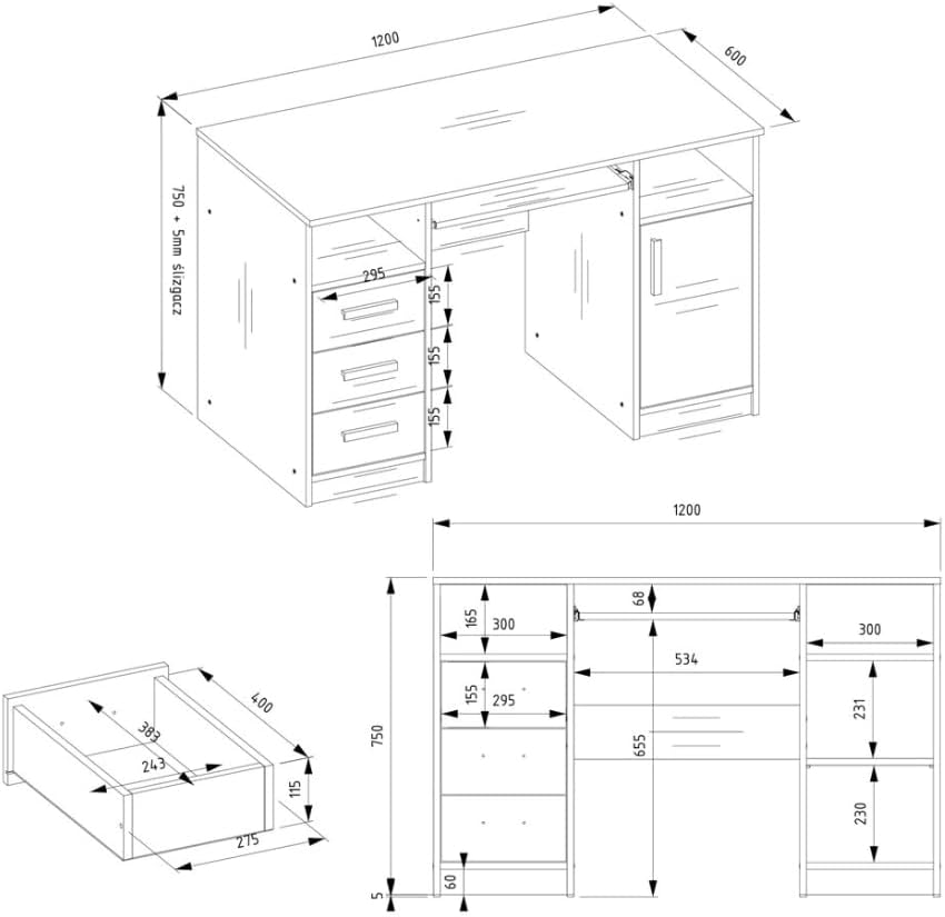 BDW Delta Bureau avec 3 tiroirs et 1 armoire, 120 x 75 x 60 cm, plateau pour clavier, Biruo, chambre d'enfant, salon, chêne artisanal