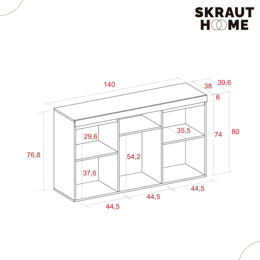 Skraut Home Buffet Modèle Naturale 140 x 40 x 81 cm Meuble d'Entrée à 3 Portes Style Nordique Mélamine Finition Couleur Chêne/Noir