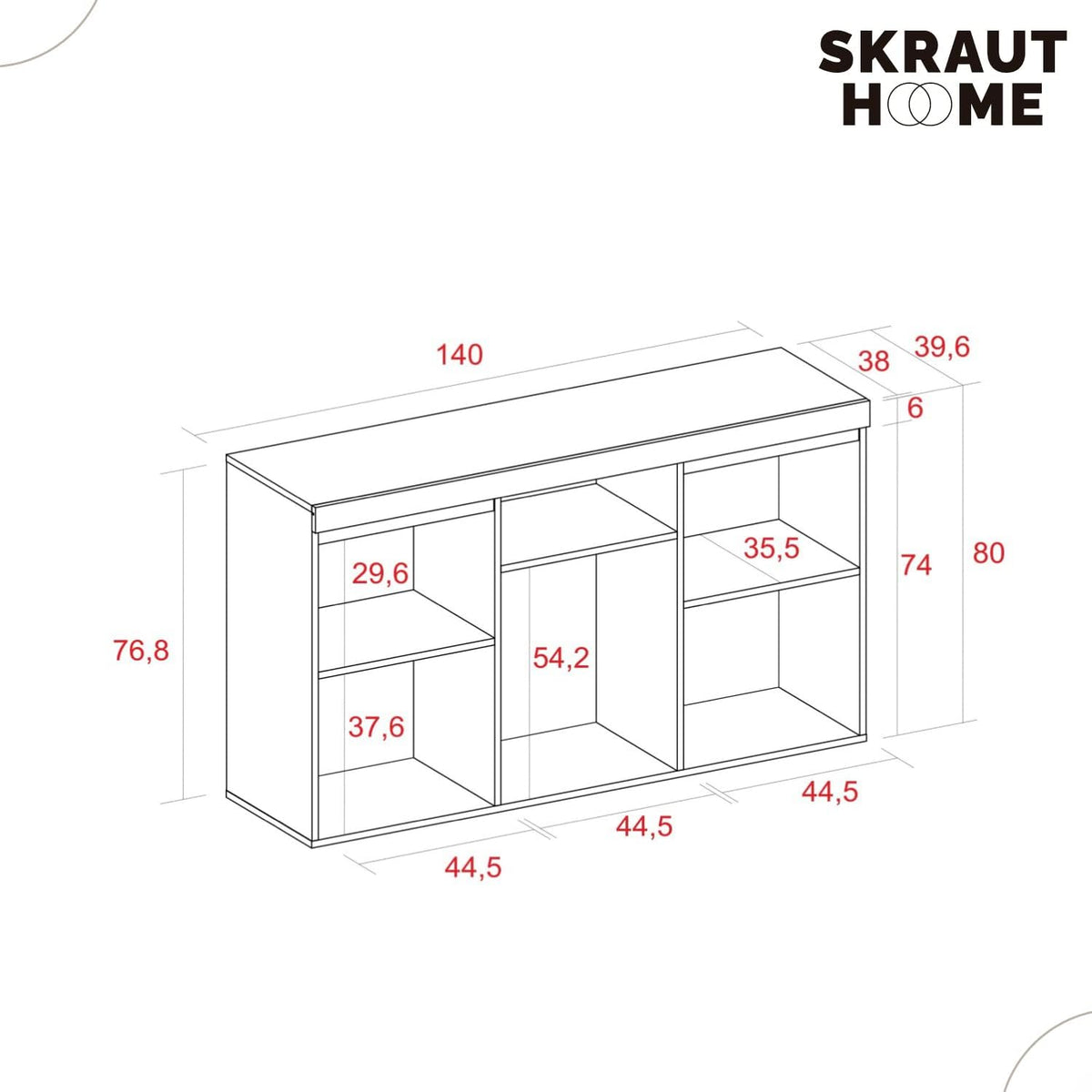 Skraut Home Buffet Modèle Naturale 140 x 40 x 81 cm Meuble d'Entrée à 3 Portes Style Nordique Mélamine Finition Couleur Chêne/Noir