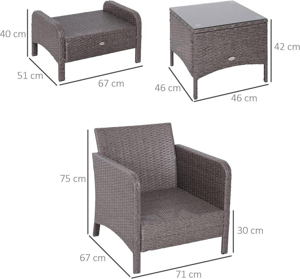 Outsunny Lot de 2 fauteuils de Jardin Grand Confort Repose-Pied Table Basse résine tressée Imitation rotin Coussins Gris