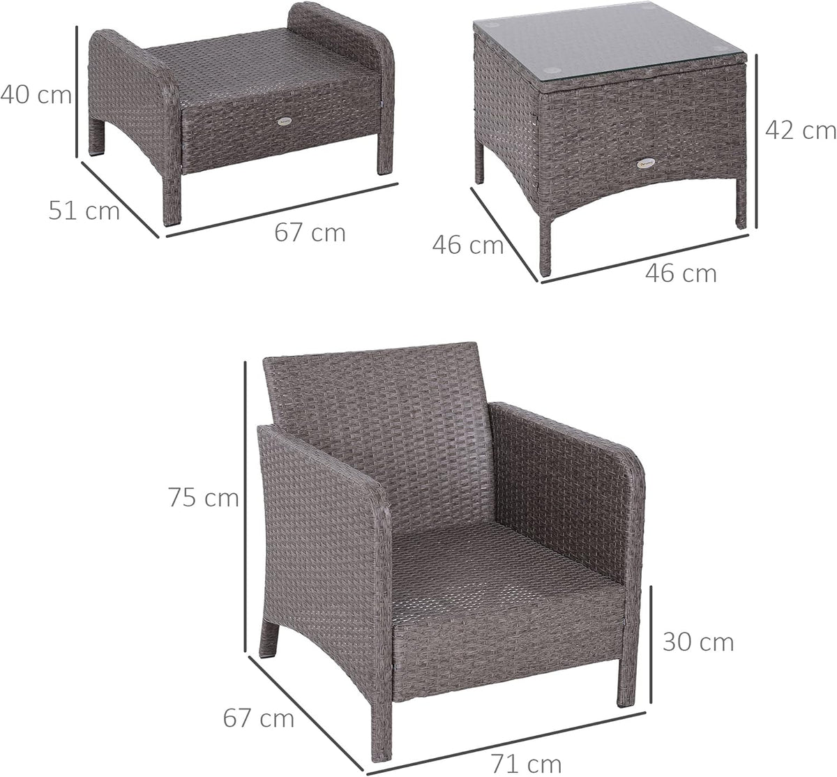 Outsunny Lot de 2 fauteuils de Jardin Grand Confort Repose-Pied Table Basse résine tressée Imitation rotin Coussins Gris