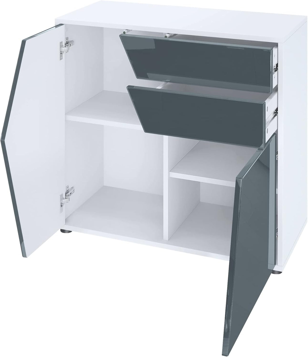 Vladon Buffet Benny, Commode avec 2 Portes et 2 tiroirs, Blanc Mat/Blanc Haute Brillance (79 x 74 x 36 cm)