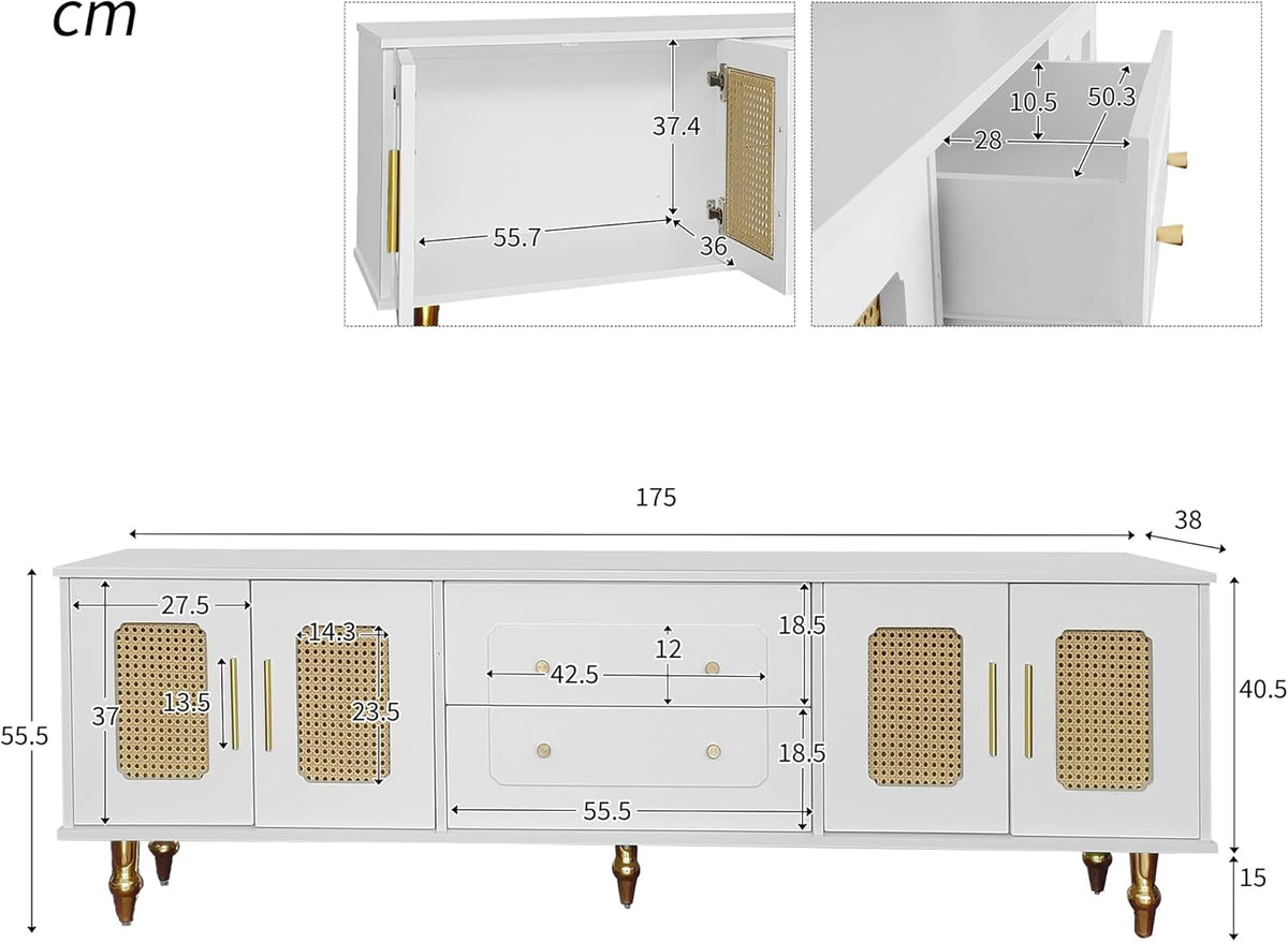 Meuble TV bas de style rétro avec 6 compartiments de rangement, poignées dorées, porte en rotin et pieds en métal, buffet TV pour salon (blanc, 175 x 38 x 55,5 cm)