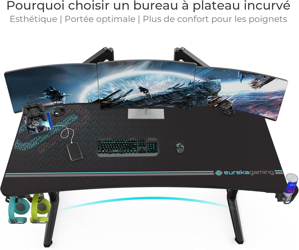 EUREKA ERGONOMIC Bureau Gaming 152x70cm Bureau Gamer Bureau Informatique PC Grand avec Tapis de Souris, Porte-gobelet,Crochet pour Casque et Support de Manette