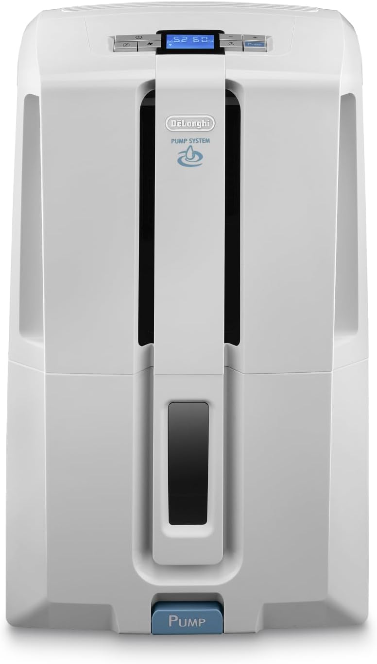 De’Longhi Tasciugo AriaDry - Déshumidificateur Portable pour la Maison, Élimination Humidité 30L/24h, Séchage, Anti-Moisissure, Pompe drainage 5m, Silencieux, Ecran LCD, Minuteur, Blanc (DD230P)