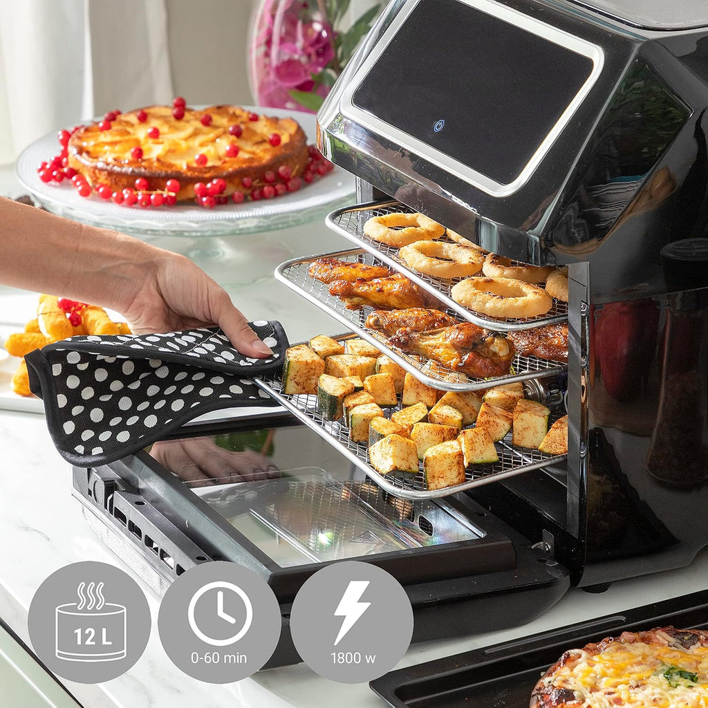 InnovaGoods Air fryer 12L, friteuse sans huile 1800W avec +100 recettes en FR. Friteuse à air avec 8 accessoires, 10 programmes, écran tactile, four à air chaud avec fenêtre et lumière intérieure.